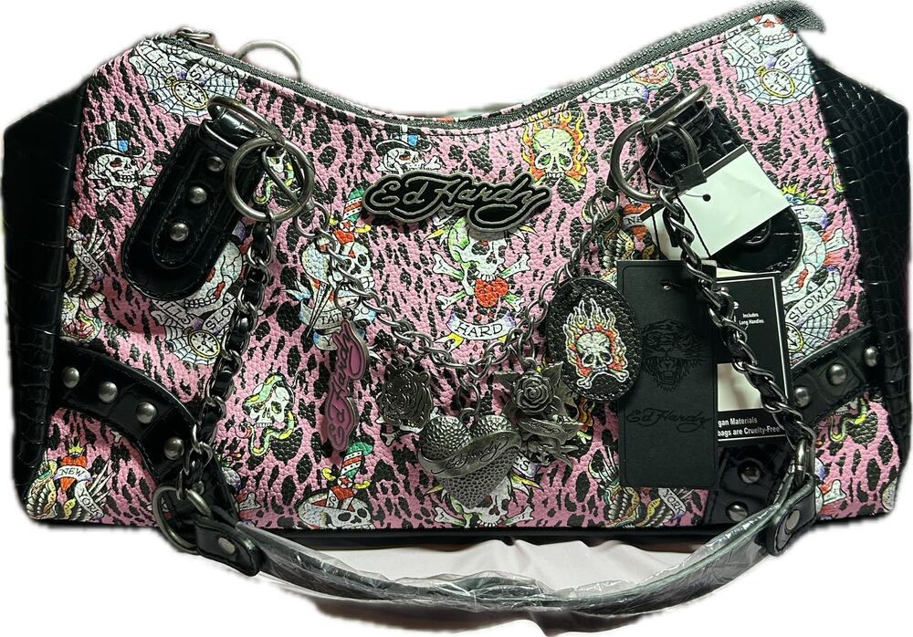 Ed Hardy Pink Tattoo Print Shoulder Bag Skull Chain Charms Y2K NWT